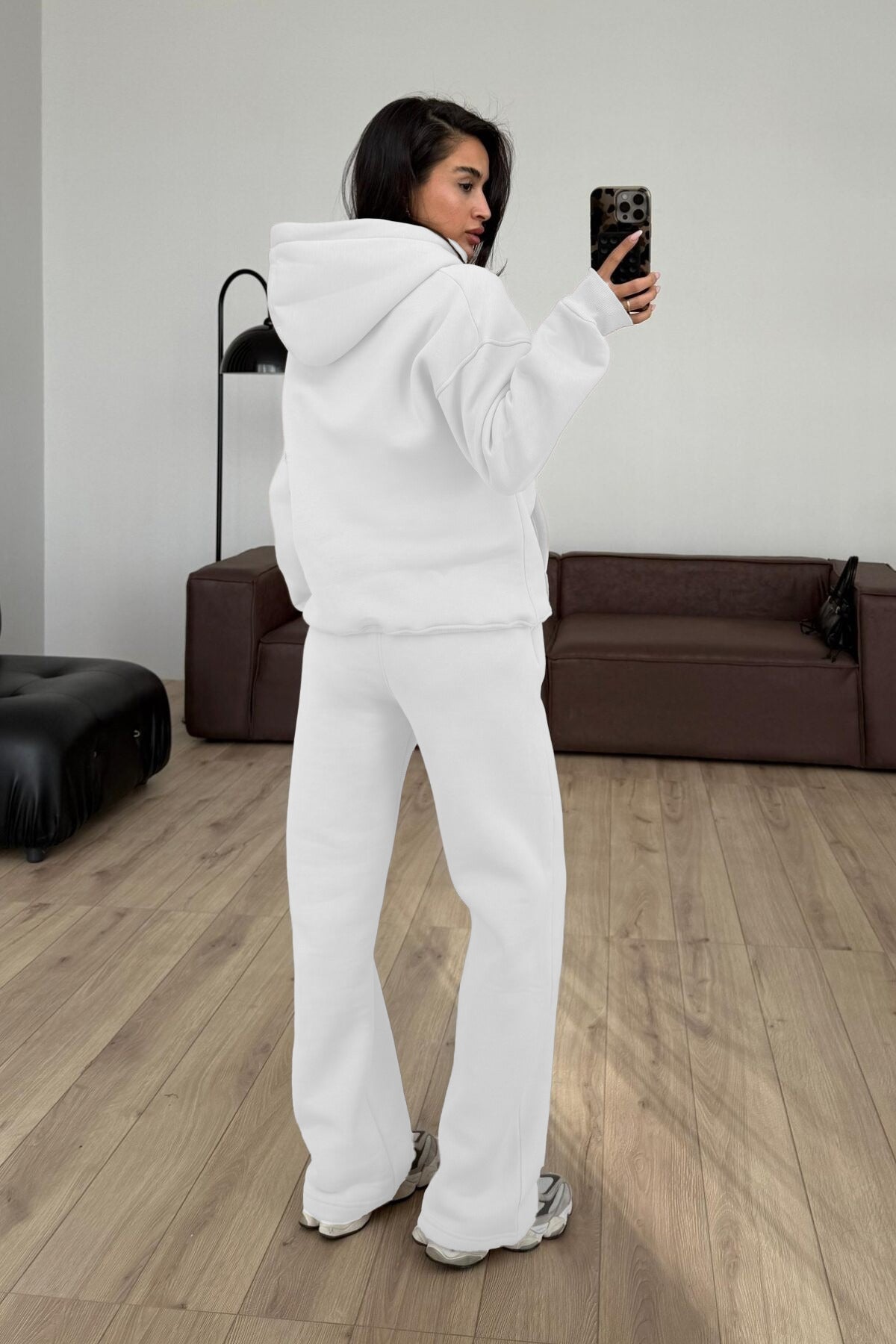 Kadın Boyfriend 3 İplik Şardonlu Bol Paça Oversize Casual Takım - Beyaz - 2
