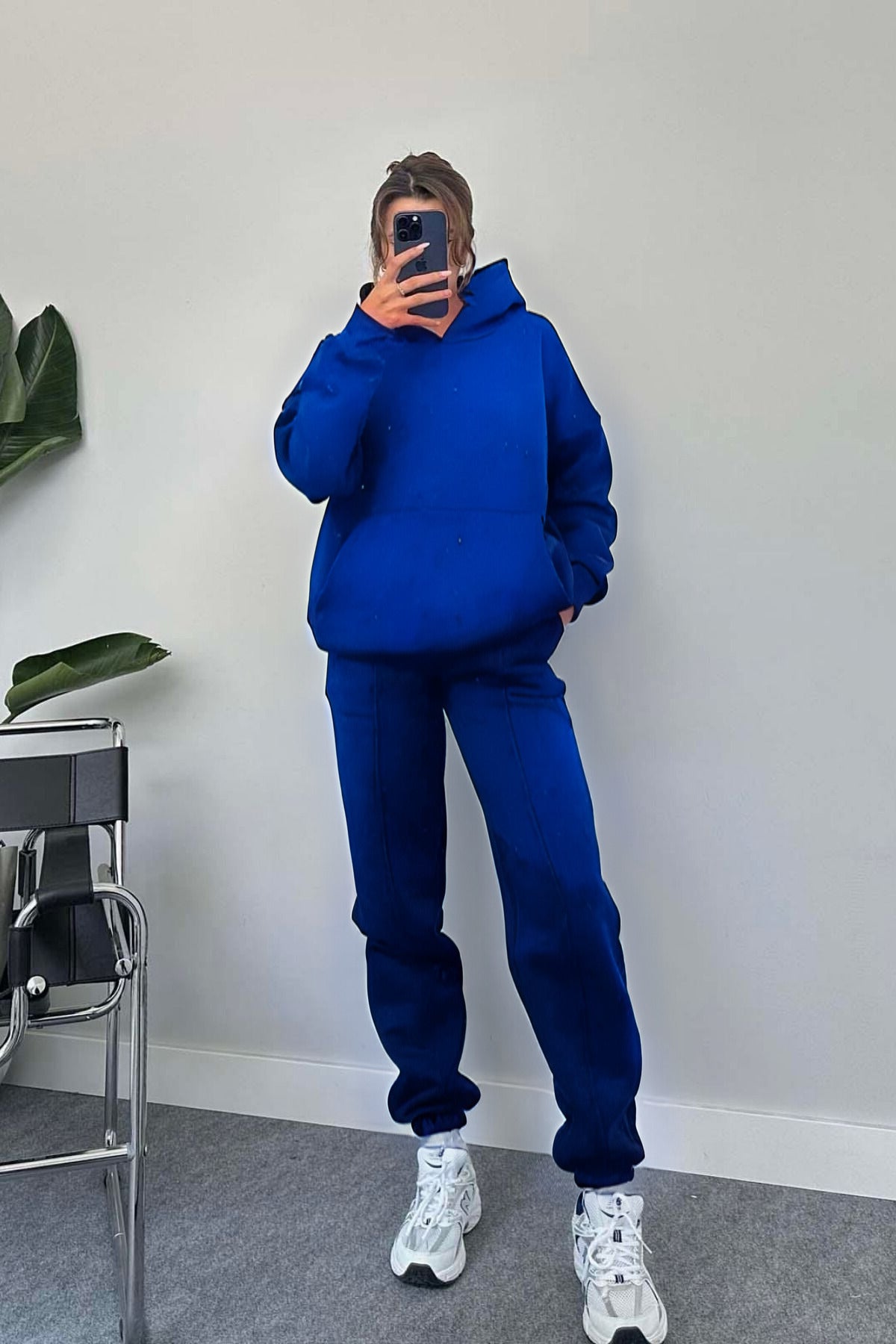 Kadın Oversize Trend Model Kanguru Cep Kapşonlu Sweatshirt Eşofman Takımı - Saks Mavisi - 3