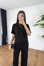 Kadın Kısa Kollu Modal Penye Full Esnek Süper Yüksek Bel Takım - Black - 3