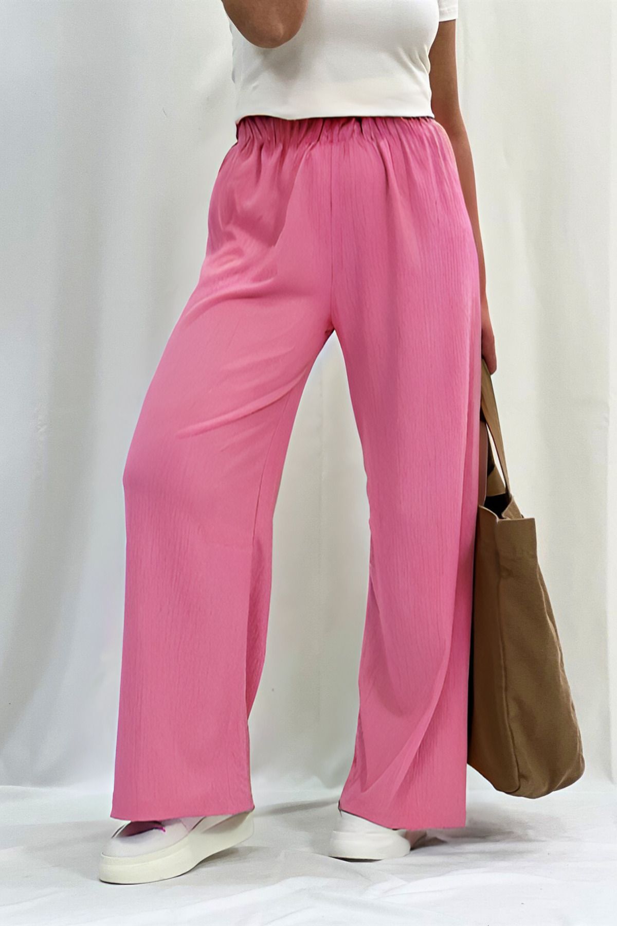 Kadın Beli Lastikli Yazlık Bürümcük Palazzo Pantolon - Pembe - 2