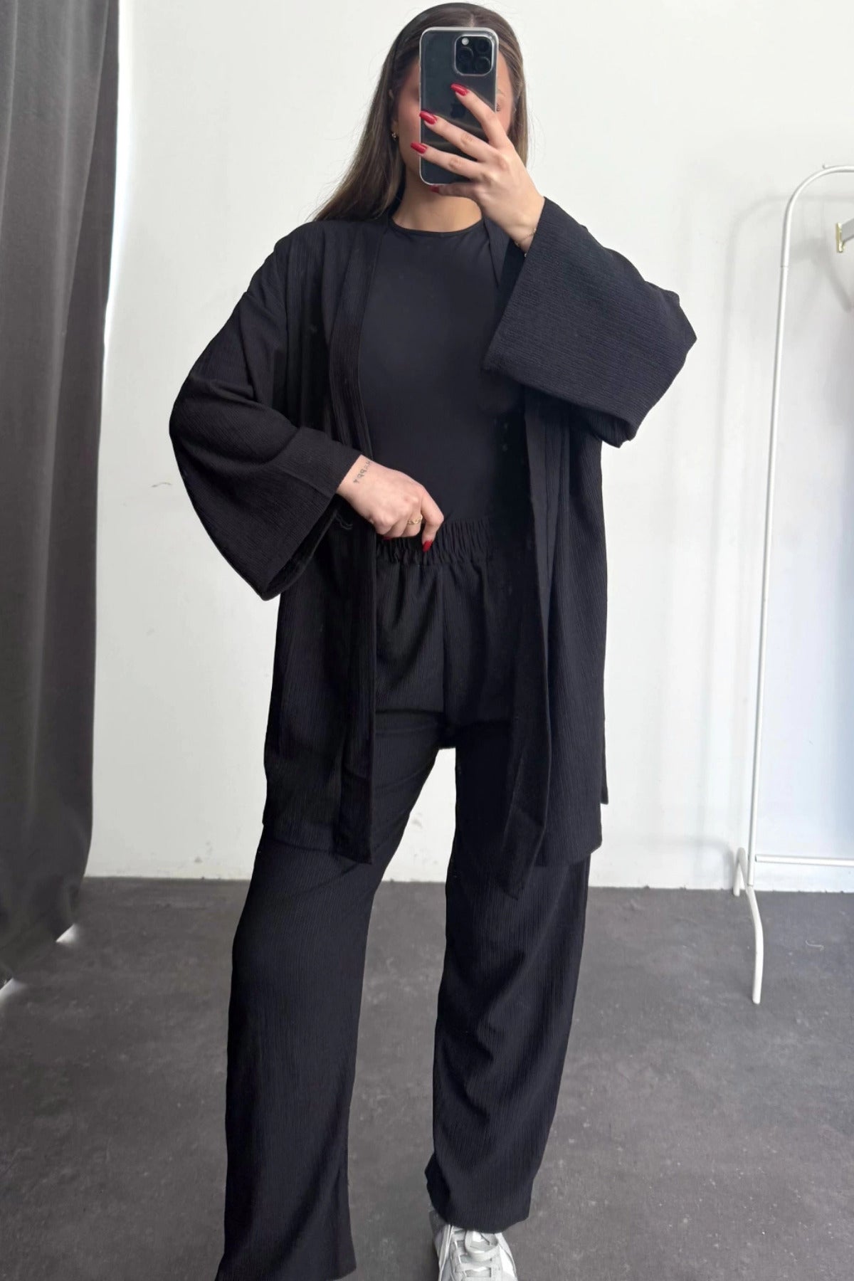 Kadın Dökümlü Bürümcük Yazlık Süper Yüksek Bel Kimono Takım - Siyah - 2