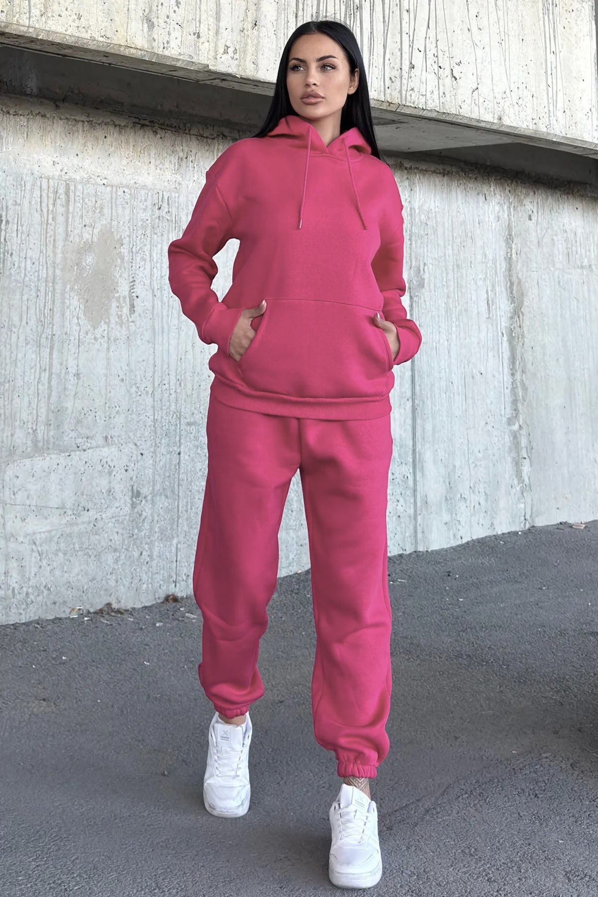 Kadın Oversize 3 İ̇plik İ̇çi Şardonlu Paçası Lastikli Kapüşonlu Kangur Cep Kalın Eşofman Takımı - Mürdüm - 5