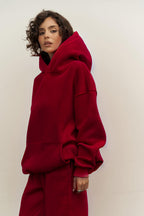 Kadın 3 İ̇plik İ̇çi Pamuklu Kanguru Cep Regular İ̇çi Pamuklu Oversize Sweatshirt - Bordo - 2