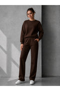 Kadin 3 İ̇pli̇k Şardonlu Bi̇si̇klet Yaka Oversi̇ze Yumuşak Sweatshirt Eşofman Takimi - Kahverengi - 1