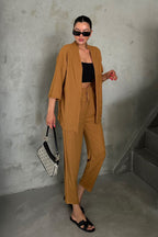 Kadın Dökümlü Bürümcük Yazlık Palazzo Kimono Takım - CAMEL - 3