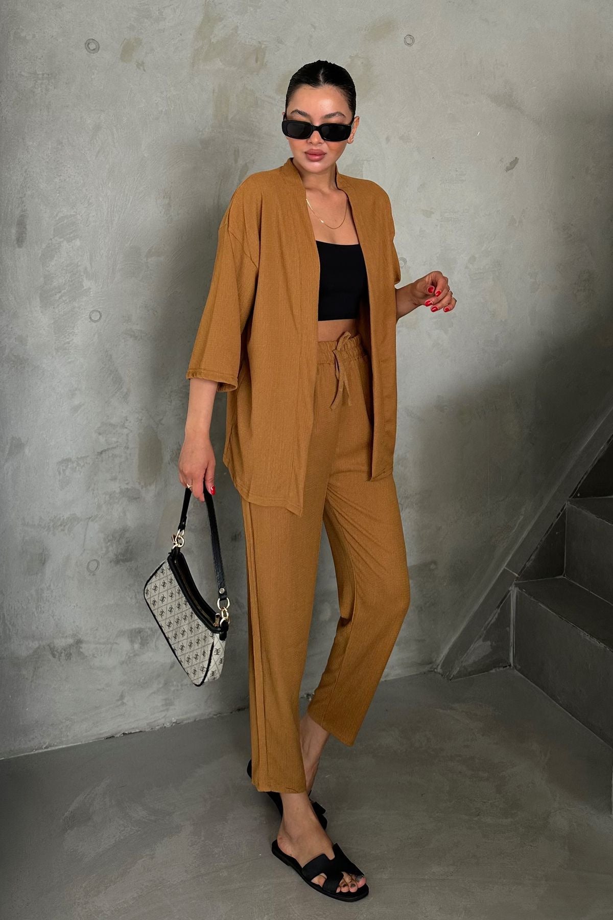 Kadın Dökümlü Bürümcük Yazlık Palazzo Kimono Takım - CAMEL - 3