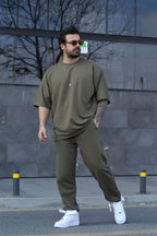 Erkek Gündelik Kısa Kollu T-shirt Pijama Takımı - Haki - 4