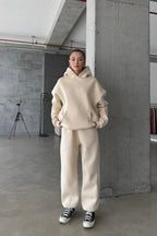 Kadın Paçası Lastikli Jogger Oversize Kışlık Eşofman Takımı - Vizon - 1