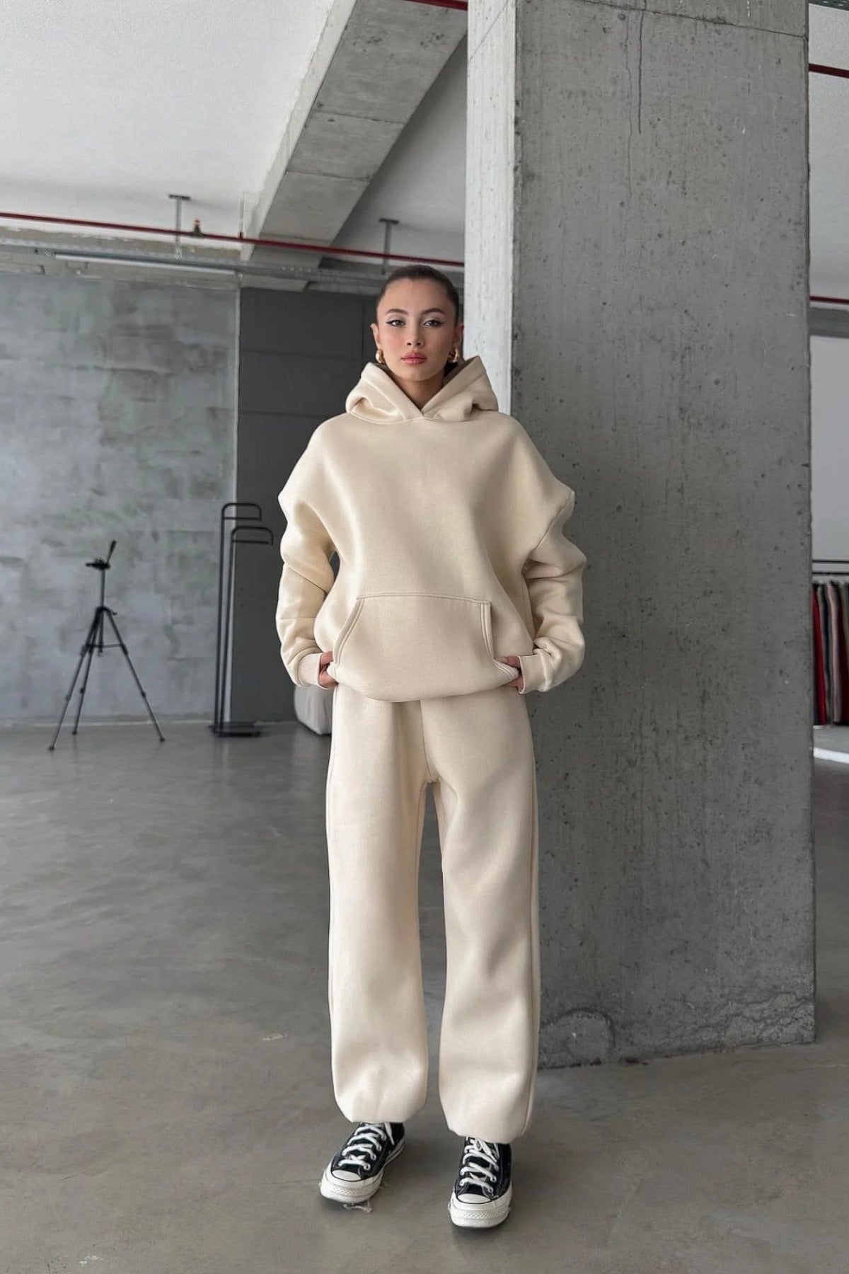 Kadın Paçası Lastikli Jogger Oversize Kışlık Eşofman Takımı - Vizon - 1
