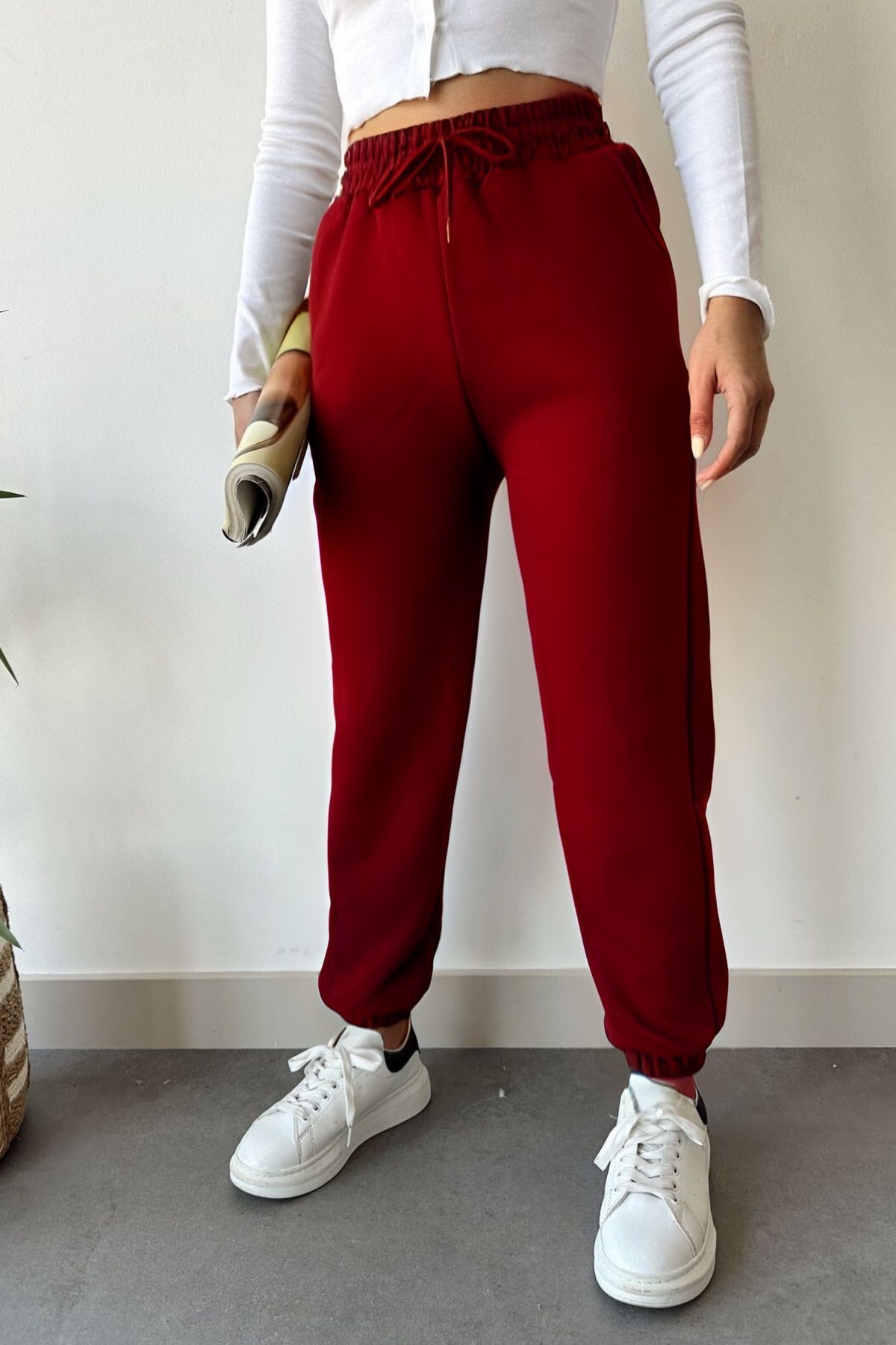 Kadın Bordo Yüksek Bel Jogger Eşofman Altı Puf 3 İ̇plik Lastikli Bel - Bordo - 1