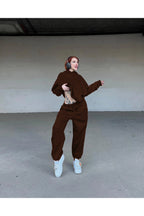 Kadın Oversize Spor Ve Günlük Jogger Paçası Lastikli Eşofman Takımı - Kahverengi - 3
