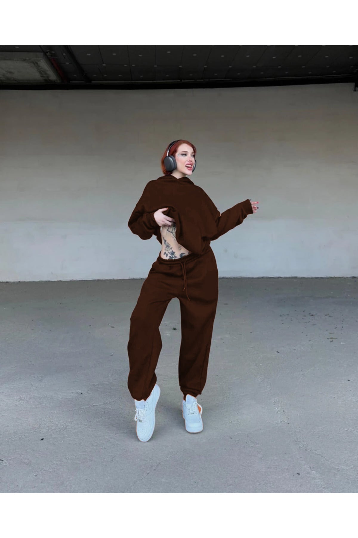 Kadın Oversize Spor Ve Günlük Jogger Paçası Lastikli Eşofman Takımı - Kahverengi - 3