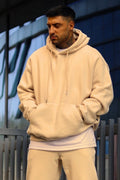 Erkek Oversize 3 İ̇plik Pamuklu Şardonlu Kanguru Cep Kapşonlu Kalın Hoodie Sweatshirt - Vizon - 1
