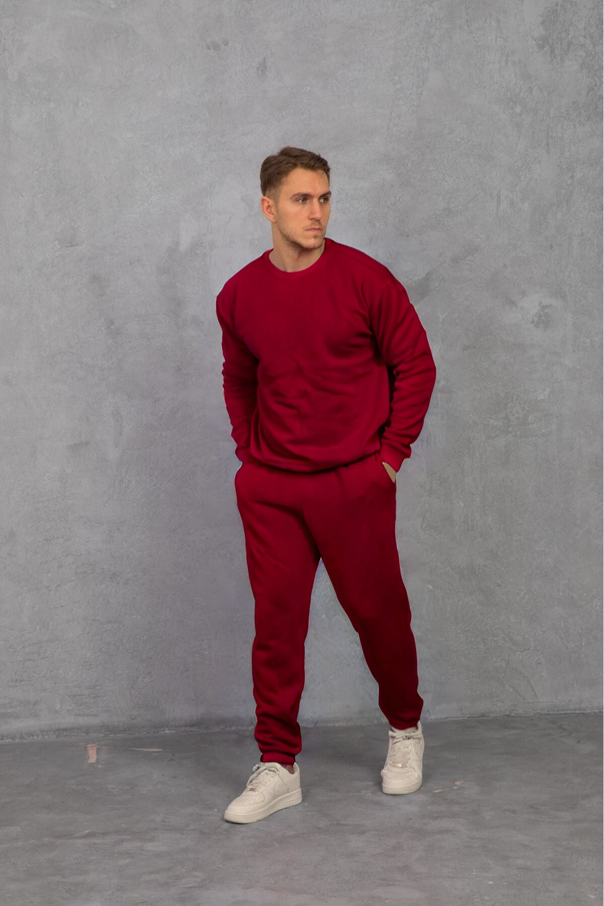 Erkek Bisiklet Yaka Oversize Salaş Bol Eşofman Takımı - Bordo - 1