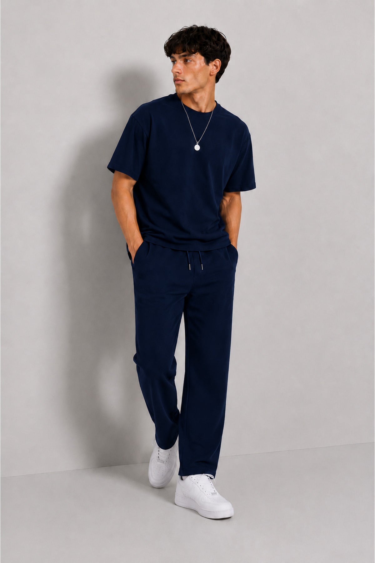Erkek 2 İ̇plik Oversize Basic Bisiklet Yaka Rahat Kalıp Günlük Eşofman Takımı - Lacivert - 5