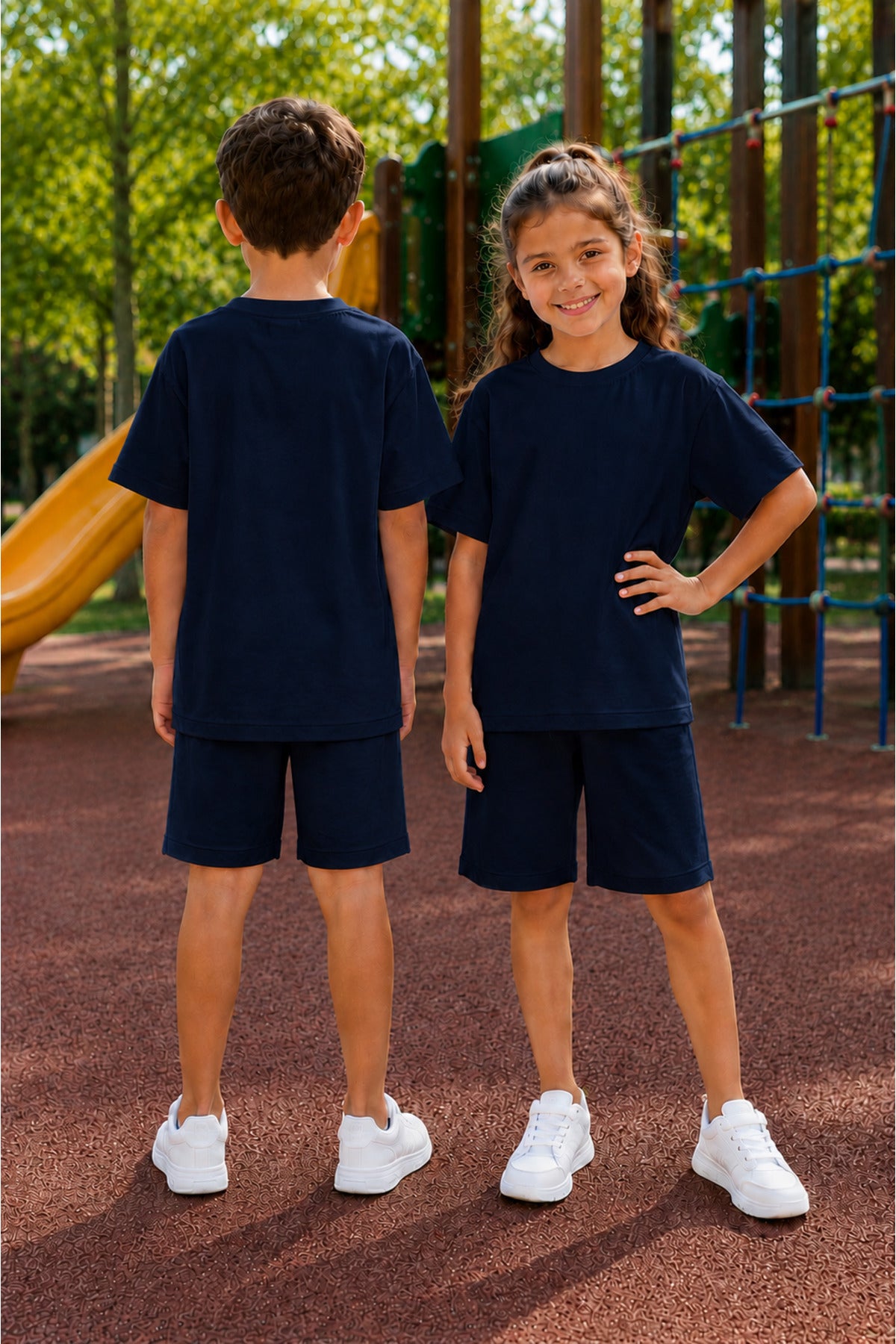 Unisex Kiz Erkek Çocuk Kisa Kollu Şort Alt Üst Takim (tekli̇) - Lacivert - 3