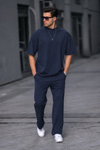 Erkek Lacivert Yazlık Bisiklet Yaka Oversize Eşofman Takımı - Navy Blue - 2