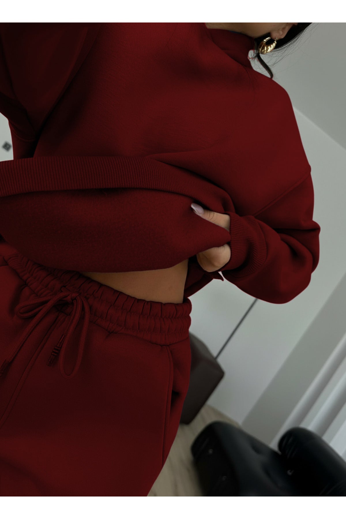Kadın Boyfriend 3 İplik Şardonlu Bol Paça Oversize Casual Takım - Bordo - 4