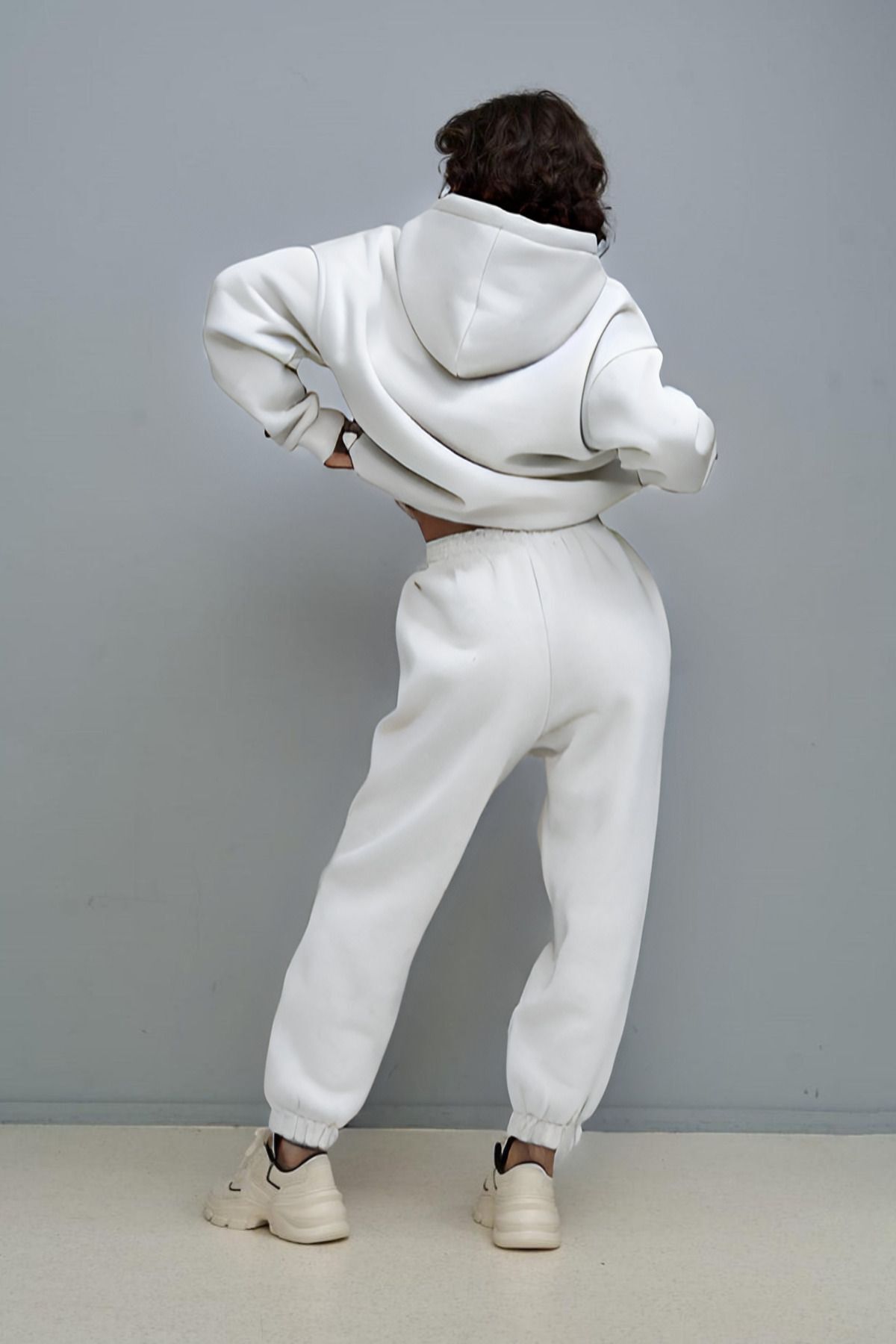 Kadın Eşofman Takımı Sweatshirt Jogger Beyaz Oversize Şardonlu Kapüşonlu - Beyaz - 3