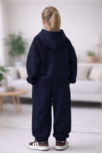 Çocuk Kapşonlu 3 İ̇plik Şardonlu Beli Bağlamalı Oversize Eşofman Takımı - Lacivert - 3