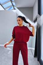 Kadın Bisiklet Yaka Yüksek Bel Yumuşacık Oversize Eşofman Takımı - Bordo - 3