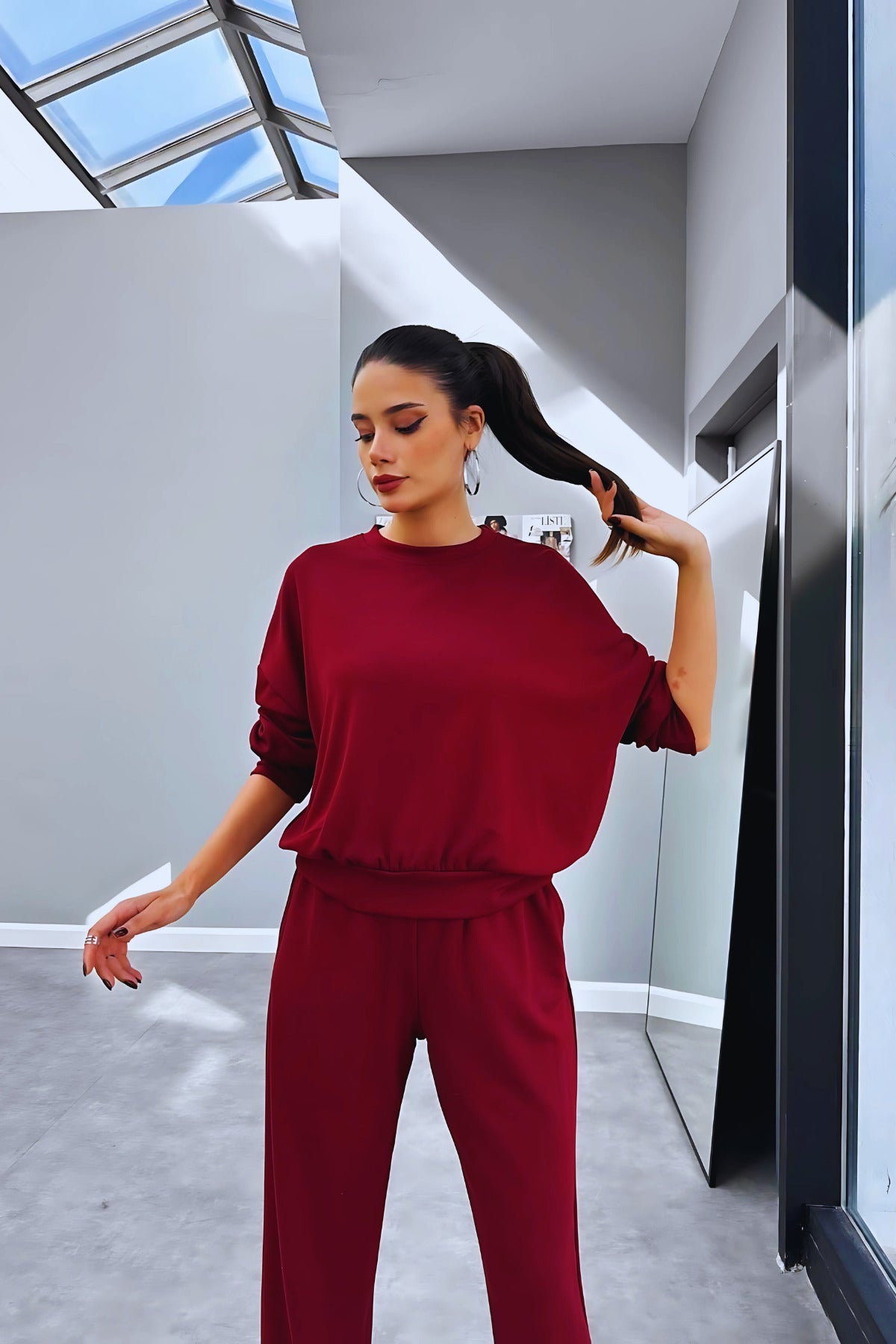 Kadın Bisiklet Yaka Yüksek Bel Yumuşacık Oversize Eşofman Takımı - Bordo - 3