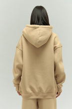 Kadın Rahat Oversize 3 İ̇plik Pamuklu Şardonlu Kanguru Cep Kapşonlu Sweatshirt - Vizon - 5