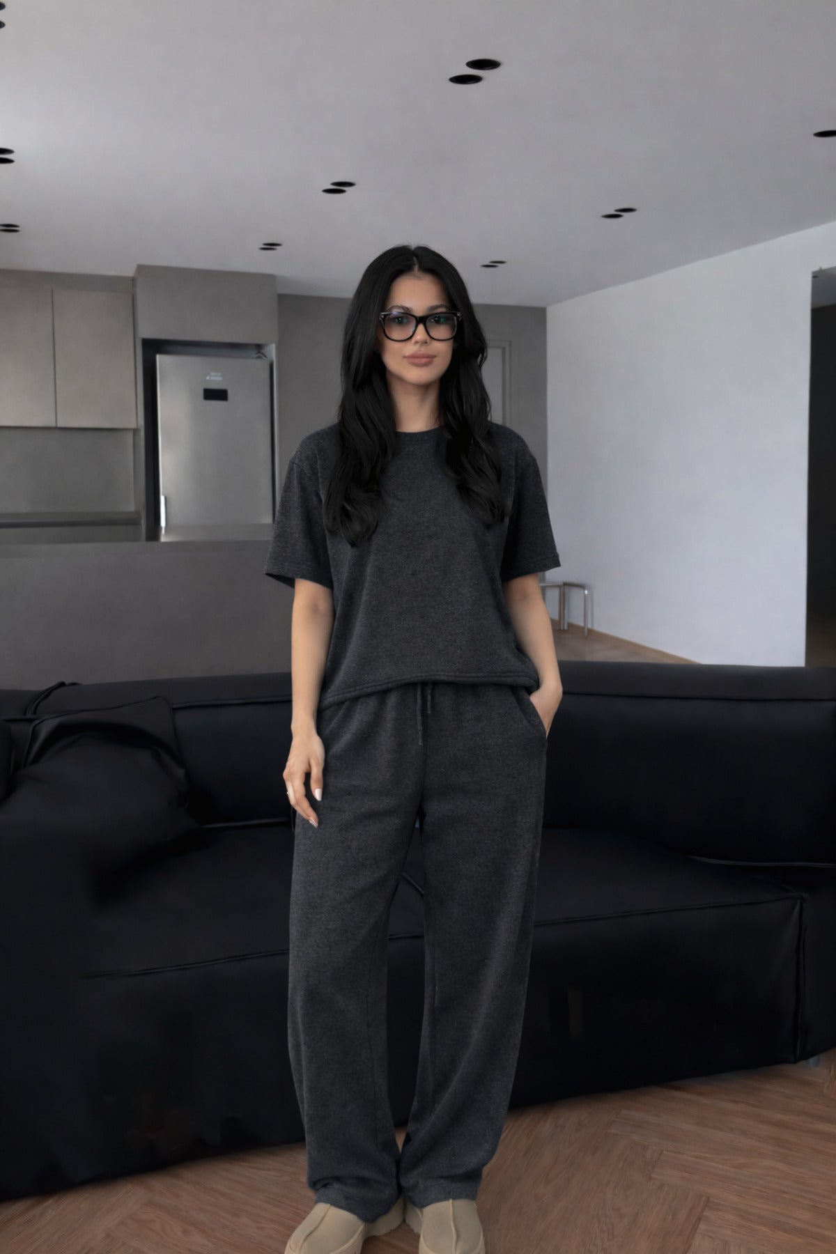 Kadın Kısa Kollu Oversize Süper Yüksek Bel Esnek Bisiklet Yaka Eşofman Takımı - Antrasit Melanj - 1