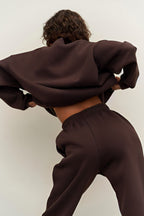 Kadın Oversize Rahat Kalıp Bisiklet Yaka Eşofman Takıım - Kahverengi - 8