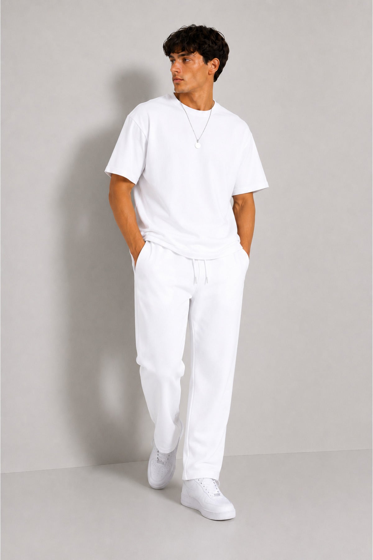 Erkek 2 İ̇plik Oversize Basic Bisiklet Yaka Rahat Kalıp Günlük Eşofman Takımı - Beyaz - 5