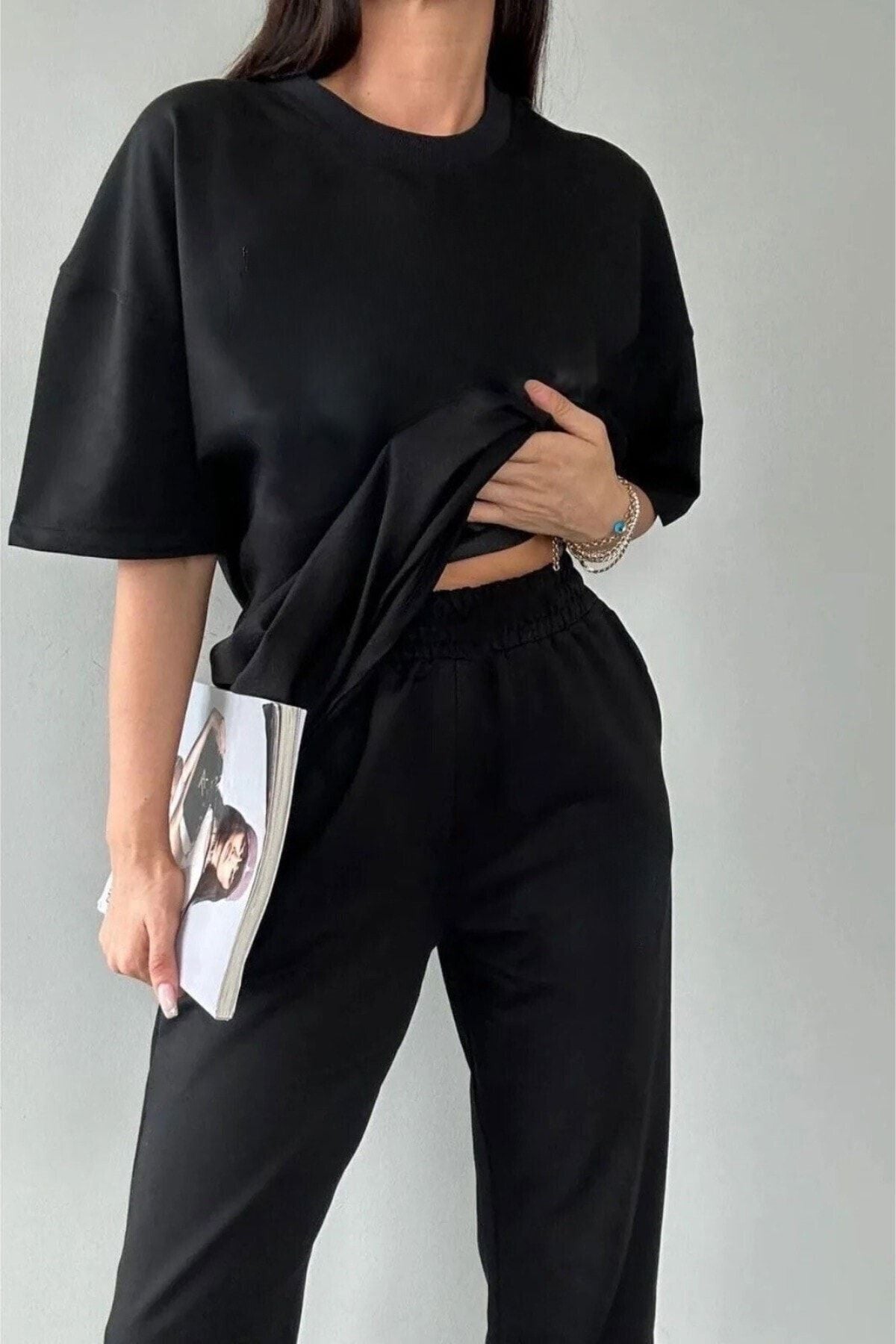 Kadın Kısa Kollu Penye Pijama Takımı Oversize Bisiklet Yaka - Siyah - 2