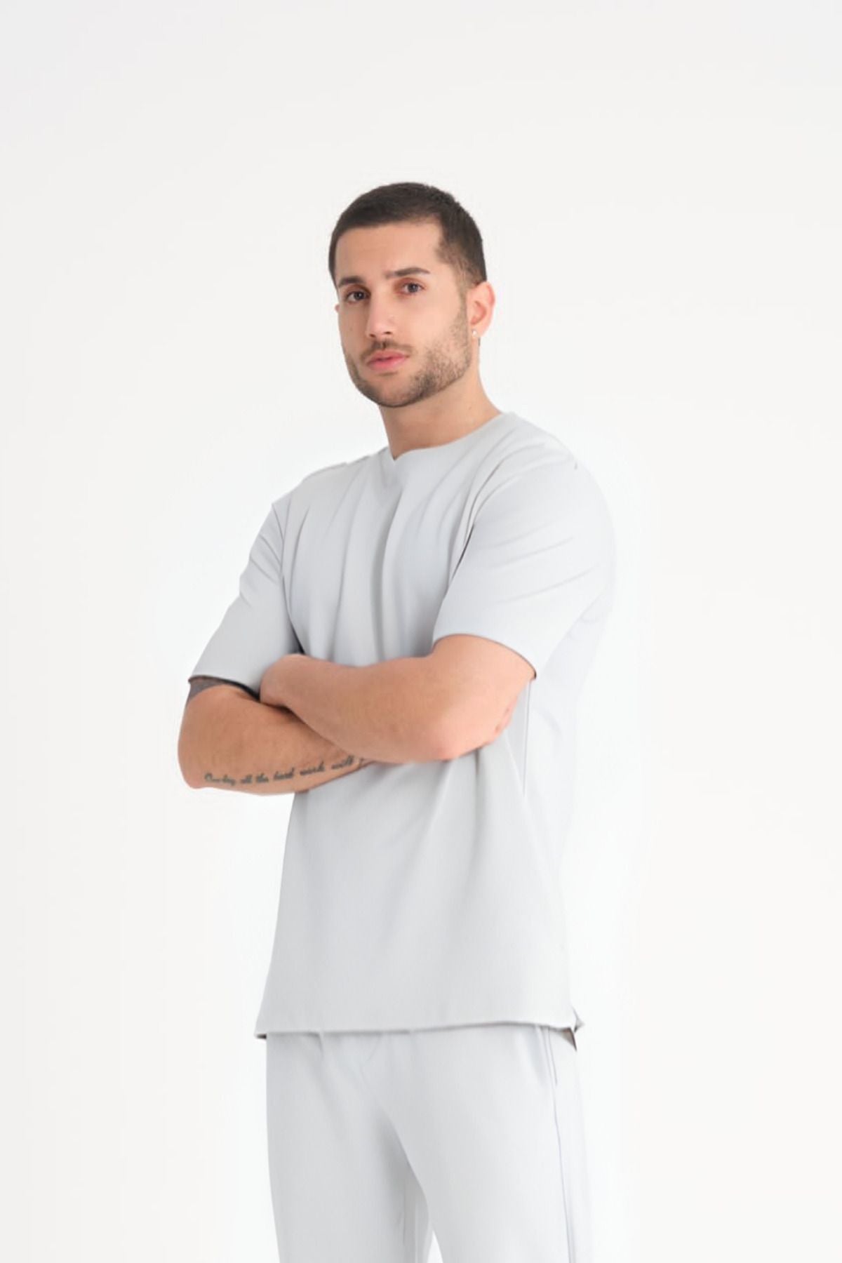 Erkek Penye Oversize Rahat T-shirt - Beyaz - 1