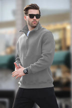 Erkek Yarım Fermuarlı Dik Yaka Oversize 3 İ̇plik Şardonlu Sweatshirt - Gri - 2