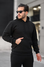 Erkek Bol Kesim Oversize 3 İ̇plik İ̇çi Pamuklu Şardonlu Kanguru Cep Kapşonlu Kışlık Hoodie Sweatshirt - Siyah - 3