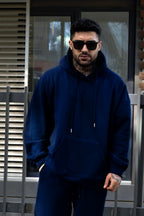 Erkek Oversize 3 İ̇plik Pamuklu Şardonlu Kanguru Cep Kapşonlu Kalın Hoodie Sweatshirt - Lacivert - 3