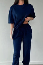 Kadın Kısa Kollu Penye Pijama Takımı Oversize Bisiklet Yaka - Lacivert - 2
