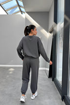 Kadın Bisiklet Yaka Yüksek Bel Yumuşacık Oversize Eşofman Takımı - Füme - 4