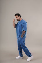 Erkek Oversize Kısa Kollu T-shirt Pijama Takımı - İndigo - 3