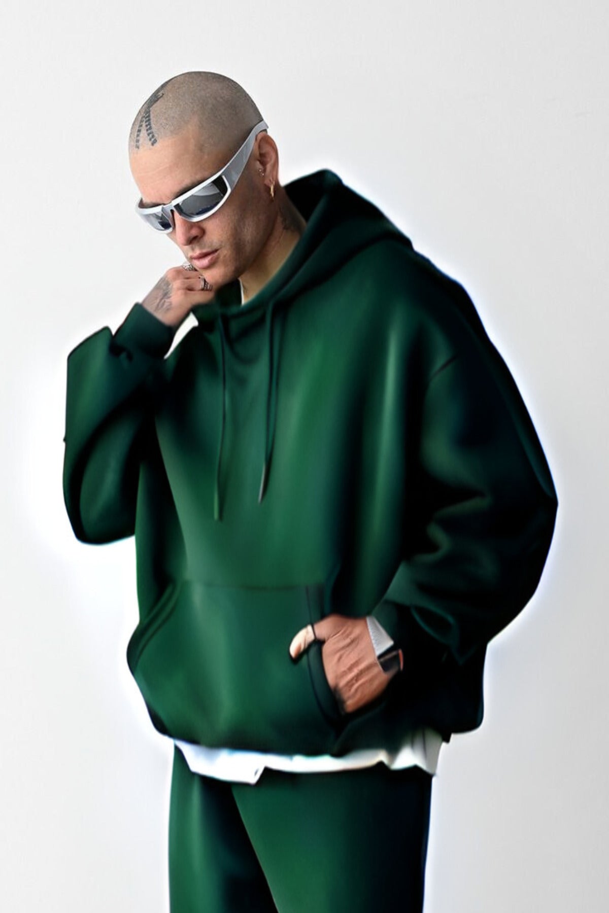 Erkek Bol Kesim Oversize 3 İplik İçi Pamuklu Şardonlu Kanguru Cep Kapşonlu Kışlık Hoodie Sweatshirt - Koyu Yeşil - 2