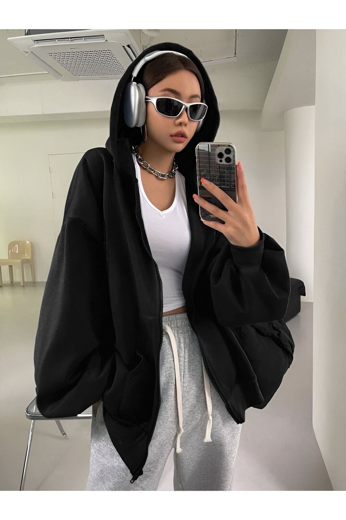 Kadın Siyah Fermuarlı Oversize 3i̇plik Polar Sweatshirt Hırka - Siyah - 2