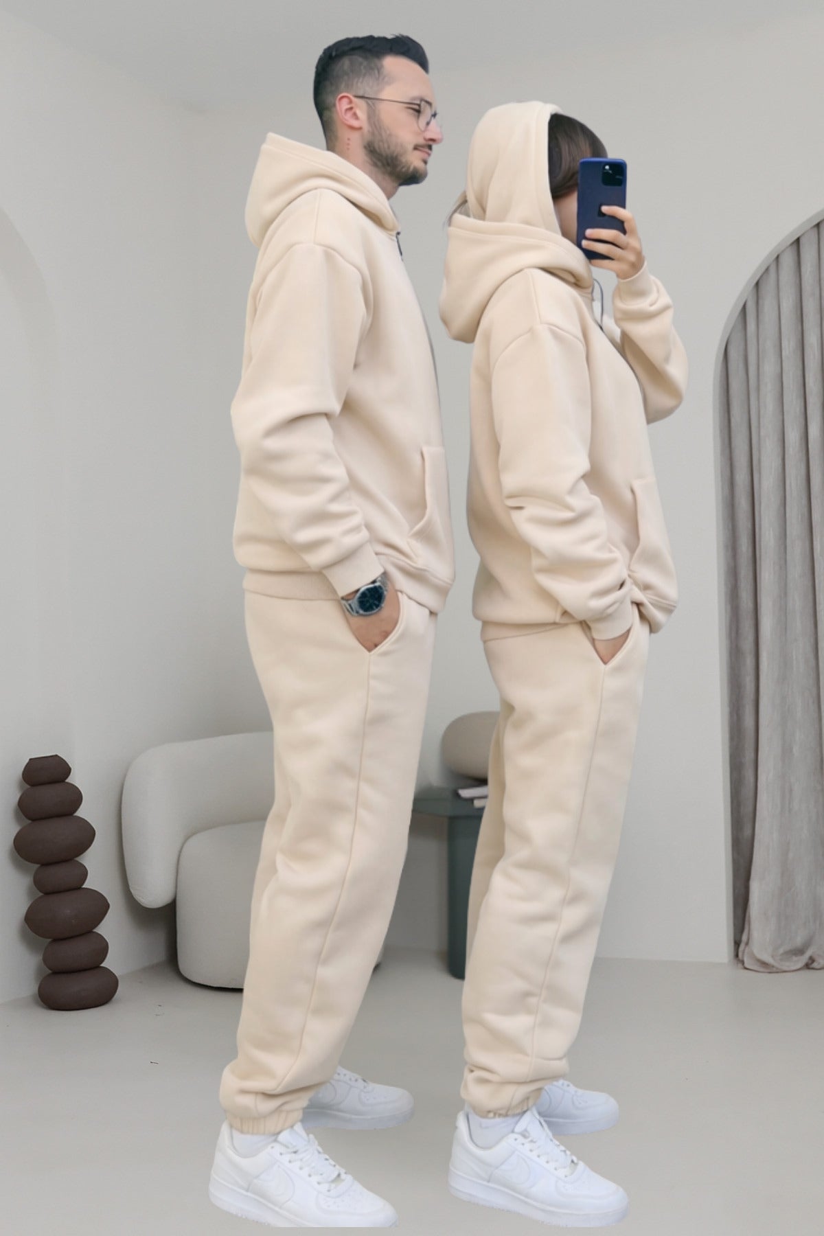 Çiftlere Özel Basic Oversize Kapşonlu Eşofman Takımı - Bej - 2