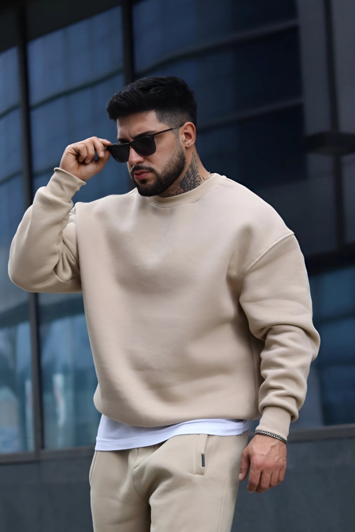 Erkek Oversize 3 İ̇plik İ̇çi Pamuklu Uzun Kollu Bisiklet Yaka Kazak - Bej - 1