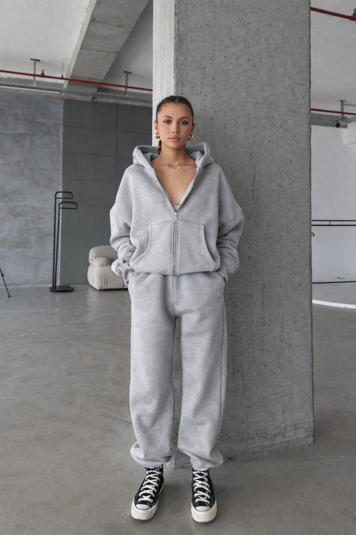 Kadin 3 İ̇pli̇k Oversi̇ze Fermuarli Sweatshi̇rt Hirka Eşofman Takimi - Gri Melanj - 1