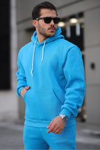 Erkek Bol Oversize 3 İ̇plik İ̇çi Pamuklu Kanguru Cep Kapşonlu Lastikli Paça Jogger Kış Eşofman Takımı - Turkuaz - 3