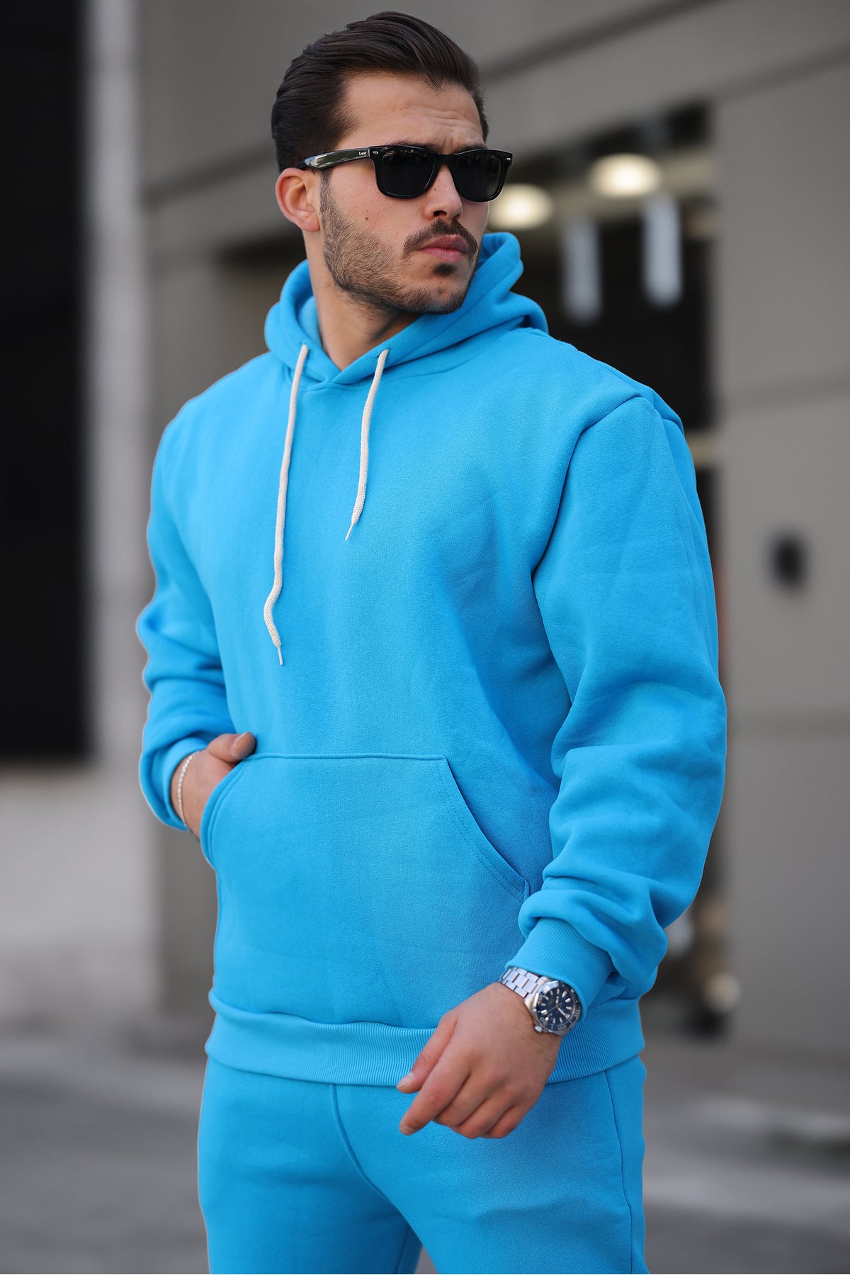 Erkek Bol Oversize 3 İ̇plik İ̇çi Pamuklu Kanguru Cep Kapşonlu Lastikli Paça Jogger Kış Eşofman Takımı - Turkuaz - 3