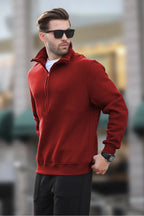 Erkek Yarım Fermuarlı Dik Yaka Oversize 3 İ̇plik Şardonlu Sweatshirt - Kırmızı - 2