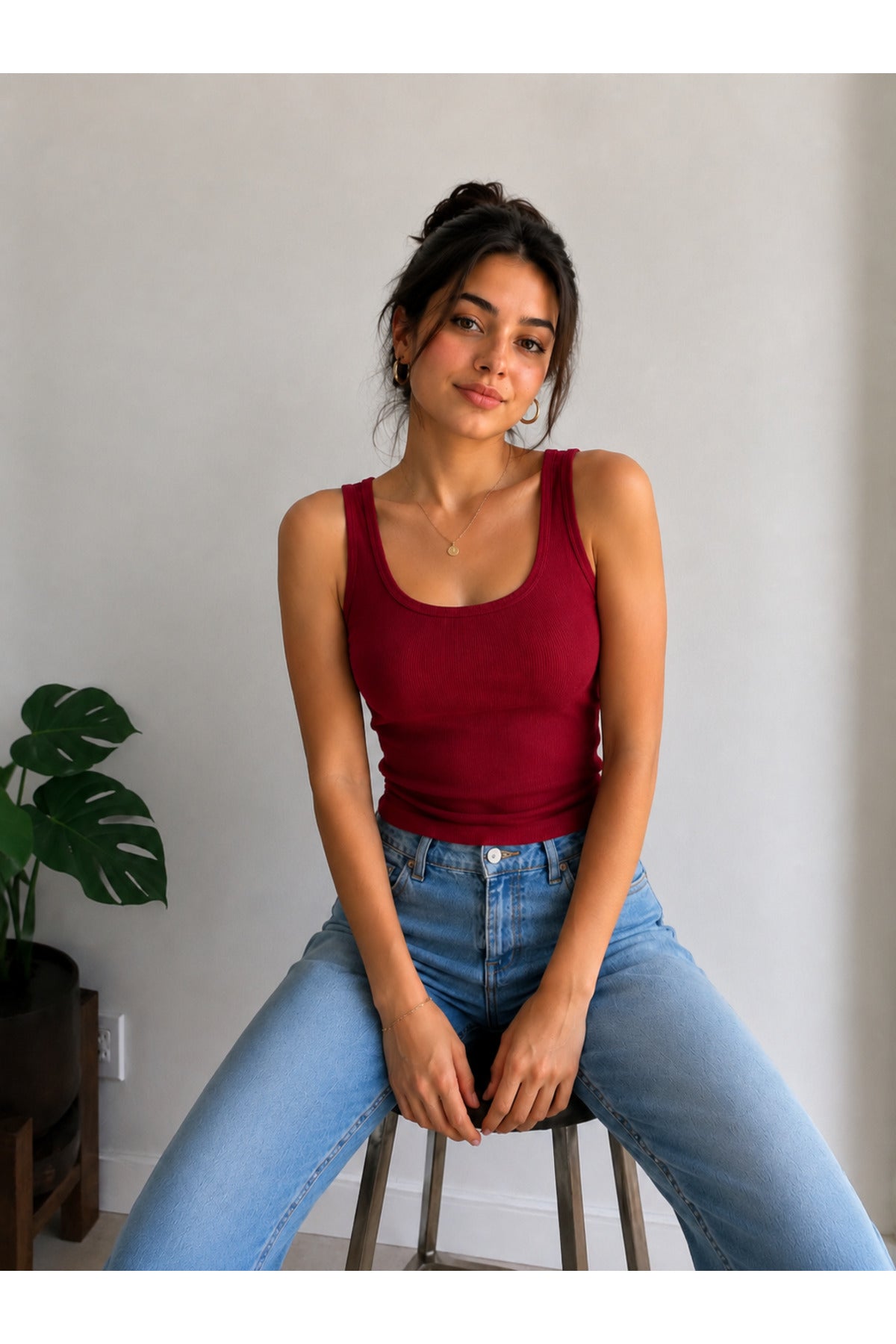 Kadın Esnek Ribanalı Düz Basic Atlet - Bordo - 2