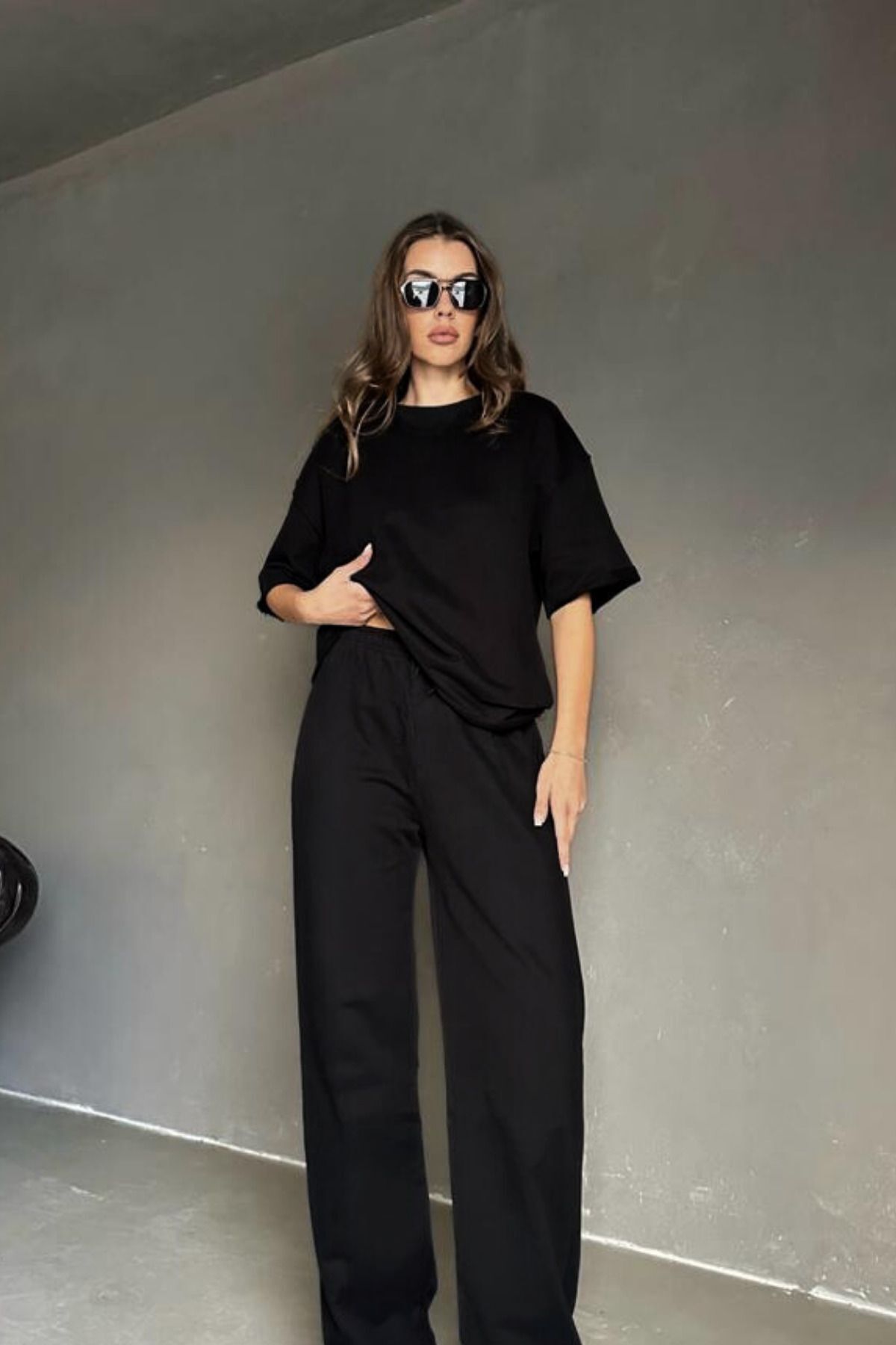 Kadın Si̇yah Düğmesiz Kısa Kol Pamuklu Pijama Takımı - Siyah - 1