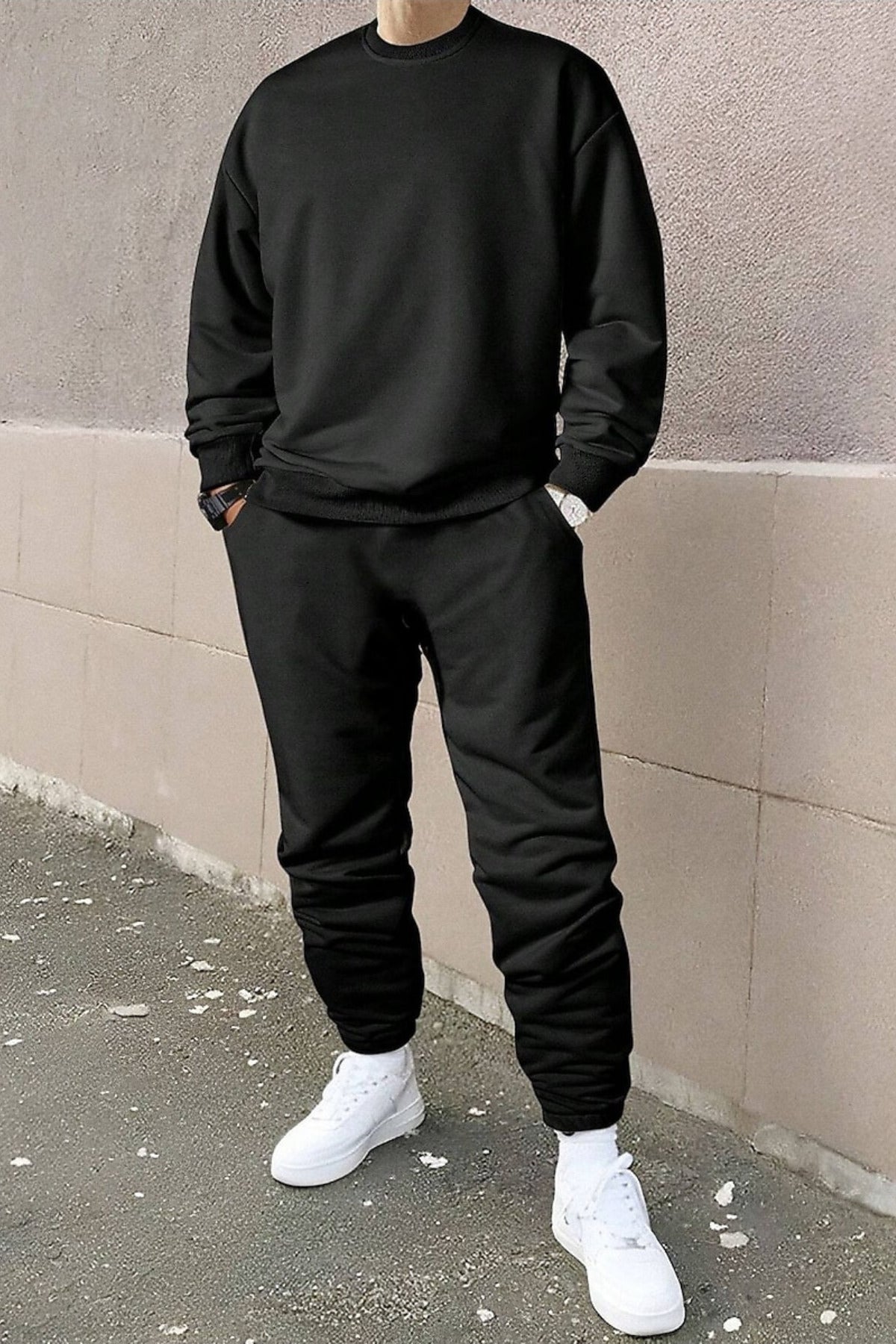 Oversize Rahat Kalıp Günlük Ve Spor Bisiklet Yaka Eşofman Takımı - Siyah - 1
