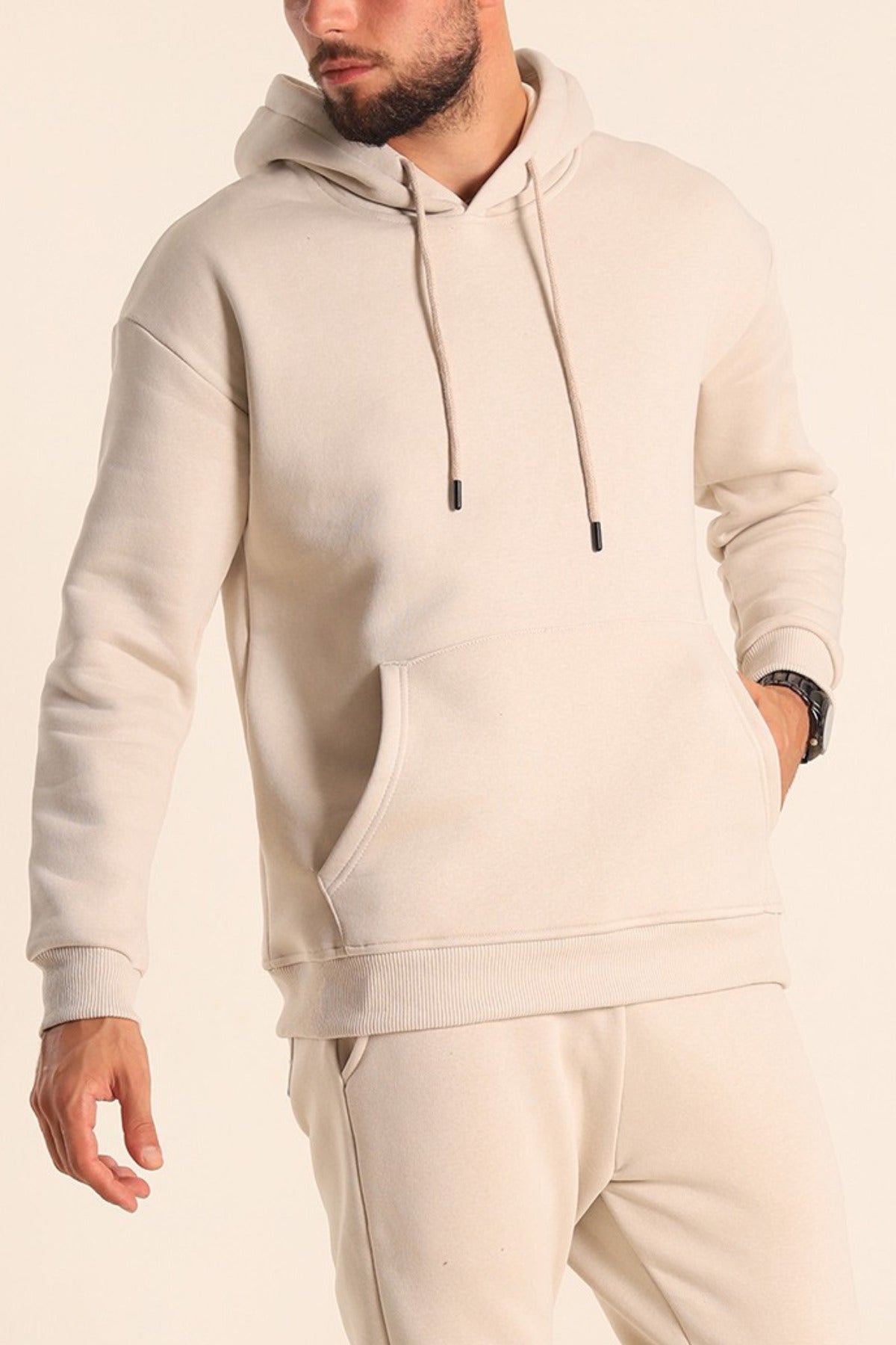 Erkek Rahat Kalın Pamuklu Kışlık Sweatshirt - Krem - 1